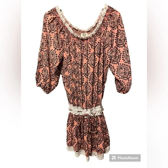 Free People peach black cream off the shoulder dress or long tunic top large - Picture 3 of 6